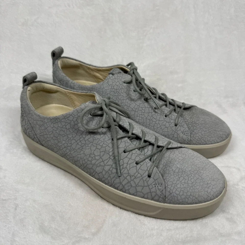 ECCO Soft 7 Grey Crackle Textured Leather Low Top Lace Up Sneakers Mens 8